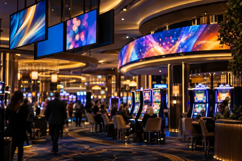 Overhead signage and a curved LED display above a casino gaming floor