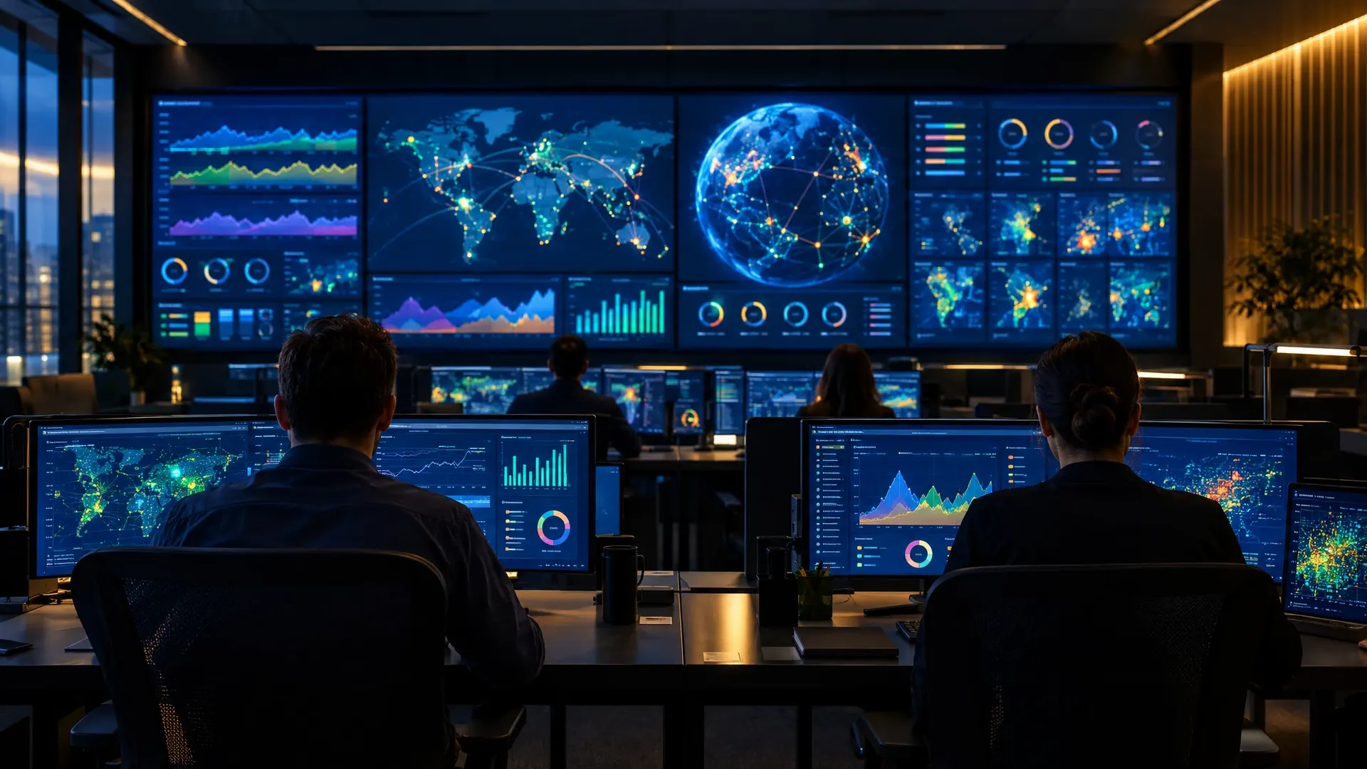 Engineers facing a wall of fleet monitoring dashboards