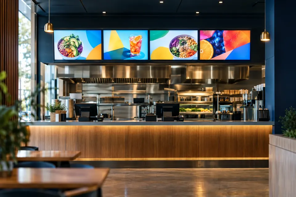 Four digital menu boards above a restaurant counter