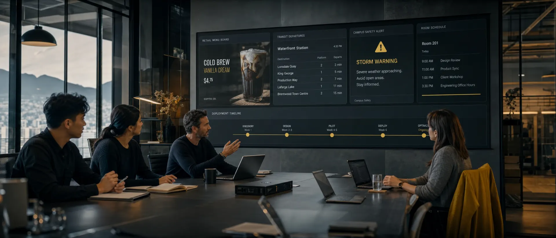 Our team reviewing signage content and a deployment timeline on a video wall in our Vancouver office
